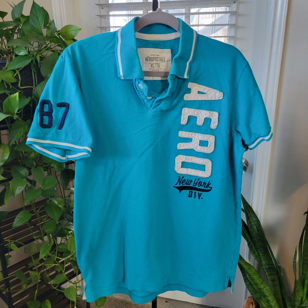 Aeropostale Mens XL Turquoise Blue Aero New York 87 Applique Pique Polo Shirt
